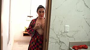Spying Stepmom's Huge Saggy Tits and Big Ass Leads to Skinny Stepson Fuck After Shower!