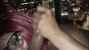 Redhead gags deep on huge black cock facial in sky suite