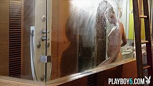 Tight Canadian Blonde Playboy Model Strips in Shower