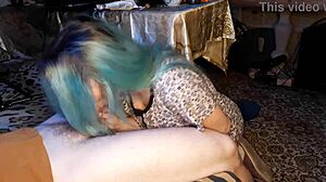 my blue-haired asian gf gropes and sucks my uncut cock hungrily