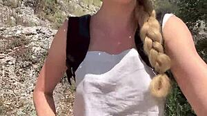 cute blonde strips naked in jungle showing natural tits and ass?