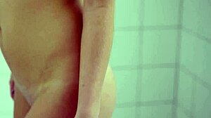 handheld shower blasts valentine's wet shaved pussy to teen orgasms