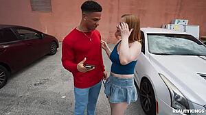 Blonde athletic babe picked up in parking lot for deepthroat blowjob cumshot facial pov outdoor reality fuck.