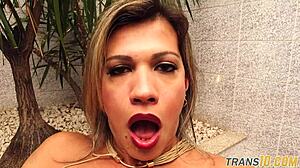 Busty Shemale In Stockings Fucks Ass With Toy And Tastes Own Cum.