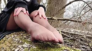 watch goddess tease nylon pantyhose feet in forest spring