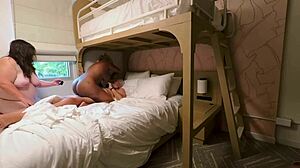 Bunk bed hotel threesome bends over milf for black cock doggystyle pounding
