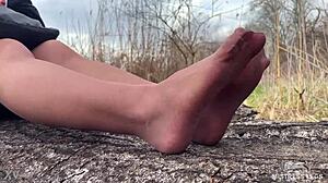 watch goddess tease nylon pantyhose feet in forest spring