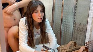 that fat padrastro sneaks into bathroom with horny petite teen hijastra and fucks her hard on cam