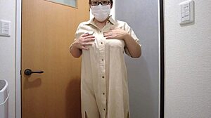 A married Japanese bride pleasures herself with intense standing masturbation