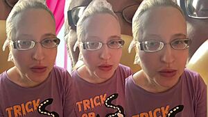 Kinky glasses girl chews asmr bubble gum for headphones