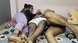 servant licks milf and daughter pussies, sucks asses in ffm creampie