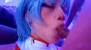 Rei Ayanami cosplay babe gives messy close-up blowjob cumshot in tight bodysuit