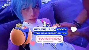 Rei Ayanami cosplay babe gives messy close-up blowjob cumshot in tight bodysuit