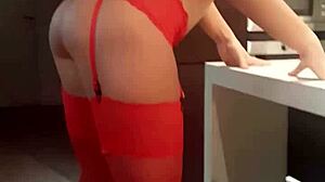 Blonde bombshell in lingerie fingers wet hairy pussy for cuck hubby