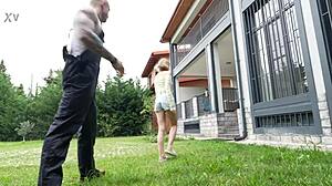 Young Blonde Stays Home, Hooks Up with Sexy Gardener Outdoors!