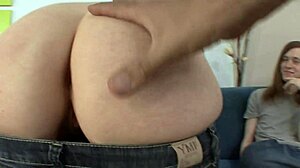 Brunette teases with shaved pussy on big white dick