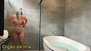 married latina sucks cock in shower then creampies tight pussy in tub