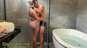 married latina sucks cock in shower then creampies tight pussy in tub