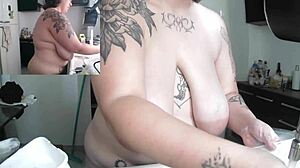 Naked Housewife Washes Dishes Bare