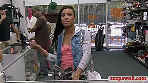 ebony babe sneaks blowjob then pounded hard by pawn keeper spying cam