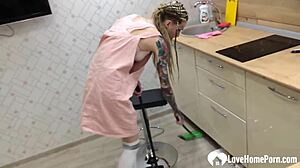 Tattooed Blonde in Knee Socks Fingers Dripping Pussy