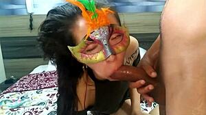 Skinny Latina babe drools deep on huge cock closeup