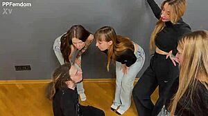 Merciless mistresses spit insults and saliva all over humiliated slave faces in extreme femdom