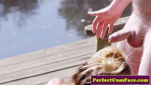 busty tattooed beauty sucks dick outdoors for facial cum