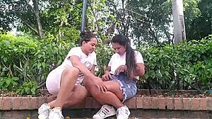 Two horny colombian lesbians finger wet pussies in public park