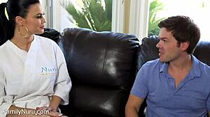 Stepson unloads cum on stepmom's belly post erotic massage