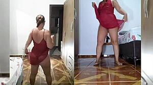 red lingerie slut strips panties for dildo ass play