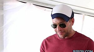 brune pornstar kneels in heels suckin cock hard for facial cumshot backstage