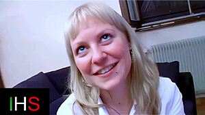 blonde milf light eyes rides cock then takes anal cumshot on belly