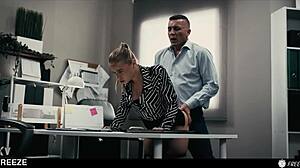 Slutty blonde's dream interview turns wild when boss freezes time. Fucks her hard, cums in pussy!