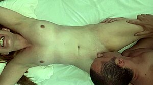 Intense shaved pussy lick makes skinny milf squirt in mouth