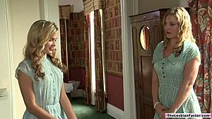 Big tits blonde lesbian devours friend's shaved pussy hungrily!