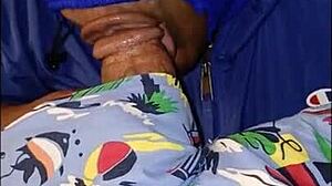 Masked Curvy Lady Sucks Monster BBC Wet, Spits Cum in Homemade POV Handjob.