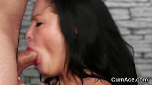 frisky kitten takes facial cumshot. swallows every sticky ejaculate drop eagerly