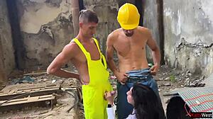 realtor in high heels bent over for gangbang in abandoned house?