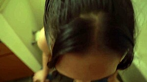 asian babe with big tits and curvy ass gives sloppy deepthroat blowjob in bathroom pov