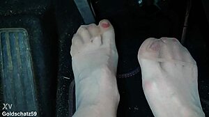 german mature pumps toes in nylon pantyhose birkenstocks car fetish close-up