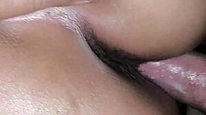 close-up view of wet shaved pussy getting fucked to creampie cumshot pov