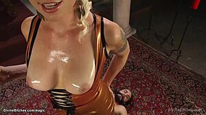 Oiled Latex Femdom Whips Bound Slave Strapon Gagging!