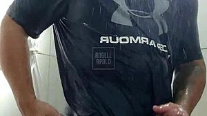 a masked tattooed guy showers solo, plays with his toy till he explodes 😏🚿💦