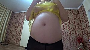 pregnant milf in pantyhose fucks lesbian dildo hairy pussy to orgasm pov 😍👅