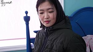 Busty Korean girlfriend roleplays in black stockings!
